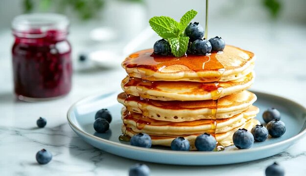 Plate of delicious pancakes with fresh blueberries and syrup on grey table against light background