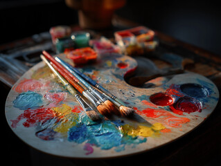 Fototapeta premium a close up of a paint palette with paintbrushes and paints on it, with a cup of water in the background