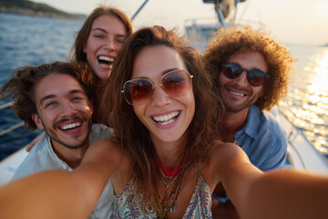 Group of four friends enjoying a sunny day on a yacht, taking a cheerful selfie with the sea and sunset in the background