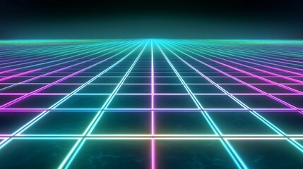 Retro grid neon lines vanishing point digital art background