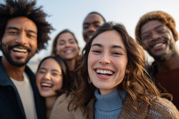 Obraz premium Happy diverse group of young friends smiling and enjoying a joyful moment together outdoors
