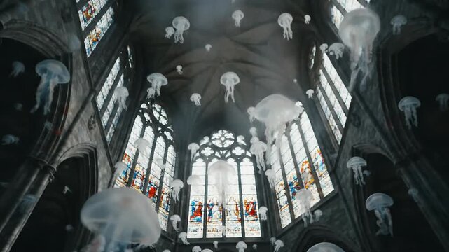 Jellyfish floating inside a cathedral artistic display