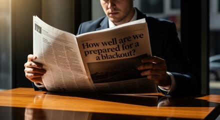Businessman reading newspaper with headline about blackout on wooden table.