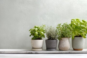 Fototapeta premium Green Herbal Plants in Pots on Minimalist Wooden Shelf