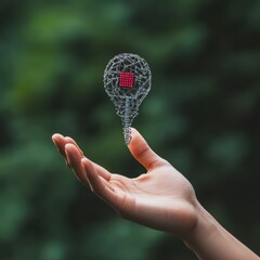 Hand Holding Floating Sphere with Digital Wireframe Design