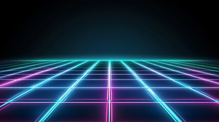 Retro neon grid floor, glowing lines, dark background, futuristic scene, design element
