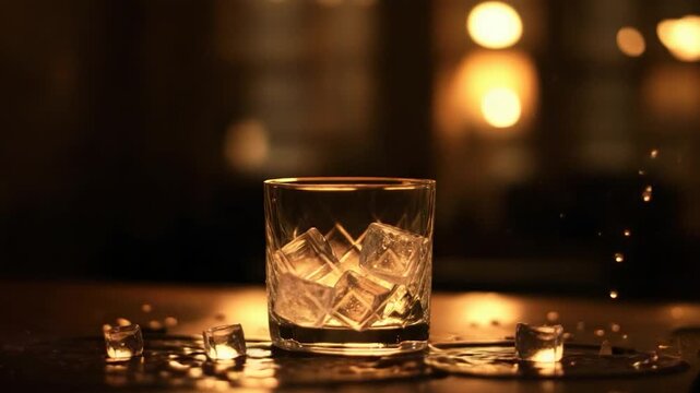 Ice cubes clinking in a glass at night