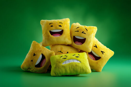 Group of yellow plush emoji pillows with various happy and funny facial expressions on green background - Powered by Adobe