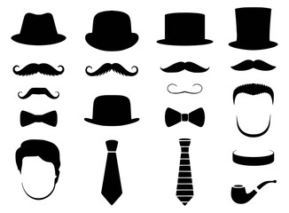 Collection of stylish mustache hats ties bow ties silhouettes on white background