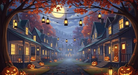 Obraz premium Halloween Night Village Scene with Jack-o'-lanterns and Lanterns