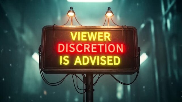 Retro-Futuristic 'Viewer Discretion Is Advised' Glowing Sign in Dark, Ominous Corridor, Cautionary Content Warning Concept