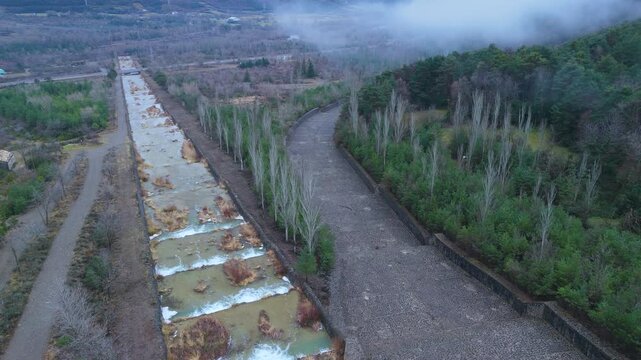 Aerial drone view of the river in the Ar&aacute;s Ravine in Biescas, Alto Gallego region, Huesca, Aragon, Spain, Europe.