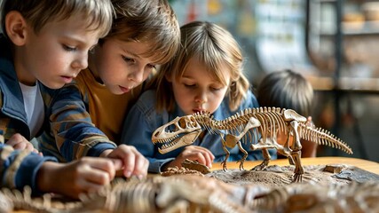 selective focus on young learners comparing fossil imprints and exploring Earth’s ancient past
