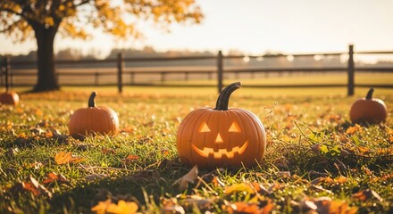 Illuminated Jack-o'-lantern in Autumnal Field with Pumpkins