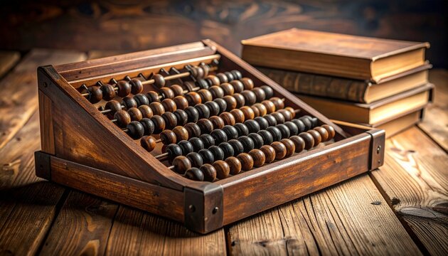An antique wooden abacus sits beside a stack of aged books on a wooden surface. - Powered by Adobe