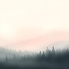 landscape depicting a mist-shrouded forest with a soft, peach-hued sky above,