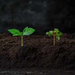 Fresh Green Plants Growing in Rich Dark Soil