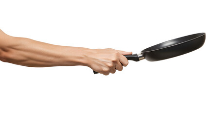 Obraz premium Hand Holding Frying Pan Preparing Food in Kitchen Studio Shot