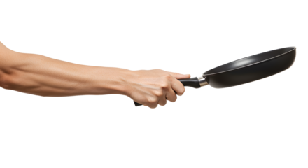 Hand Holding Frying Pan Preparing Food in Kitchen Studio Shot