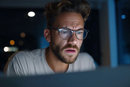 Close-up of a young man with glasses looking surprised and focused while working late on a computer screen