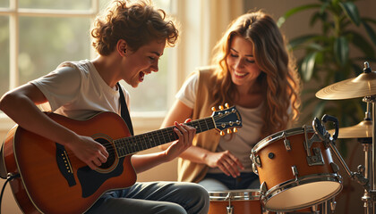 Teen musicians playing guitar and drums in a sunny room