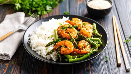 Delicious shrimp and asparagus stir-fry over rice