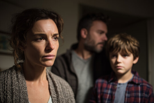 Worried mother with concerned father and son in the background, depicting family stress and emotional tension