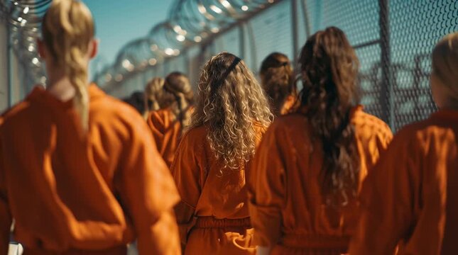 back view of female prisoner walking in secured prison walkway jail facility 