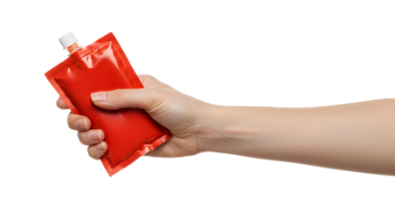 Hand Holding Red Sauce Pouch Package in Isolated White Background