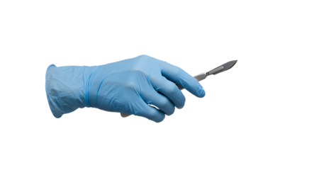 Holding scalpel with surgical glove performing precision task professionally