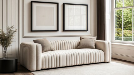 Light beige sofa with decorative molding in a classic living room.