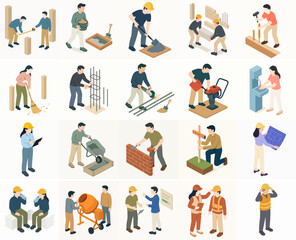 Isometric Detailed Construction Worker Character Engaged in Various Building Activities Illustration