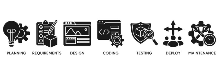 Software development life cycle icon set vector illustration concept relate to planning, requirements, design, coding, testing, deploy and maintenance