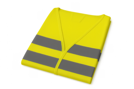 Folded yellow high visibility safety vest with reflective stripes on transparent background