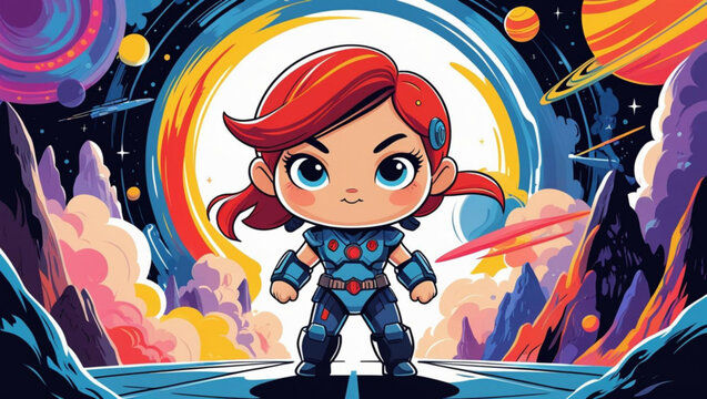 Cute Chibi Sci-Fi Heroine in Power Armor on a Cosmic Planet Background - Powered by Adobe