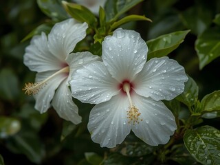 macro photo White hibiscus flowers on a green background In the garden after the rain.