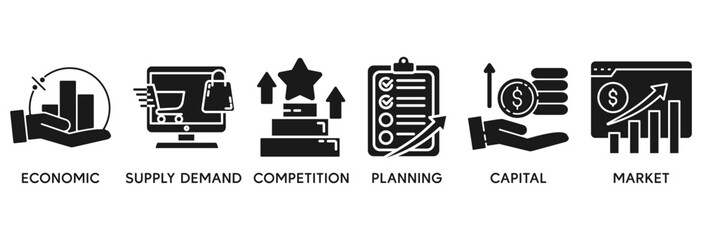 Market economy icon set vector illustration concept relate to economic, supply demand, competition, planning, capital, market