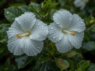 macro photo White hibiscus flowers on a green background In the garden after the rain.