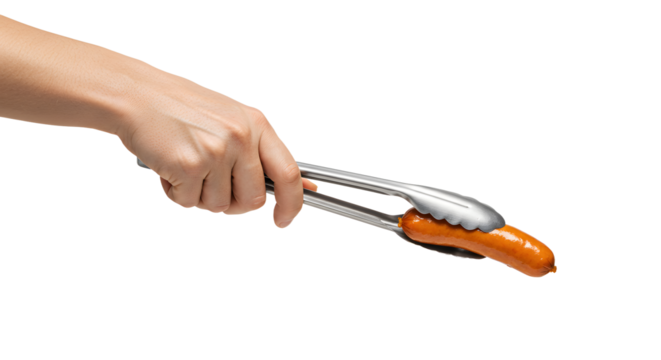 Hand holding sausage with tongs against white background during grilling