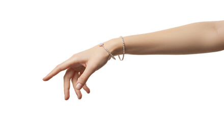Woman's Arm Adorned with Stylish Bracelets Against a White Background