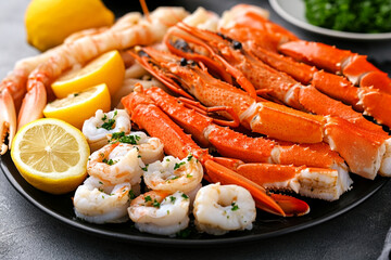 Fresh seafood platter with lemon featuring shrimp and crab legs
