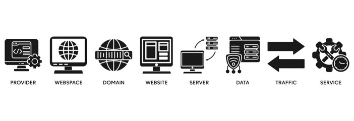 Web hosting icon set vector illustration concept relate to provider, webspace, domain, website, server, data, traffic and service