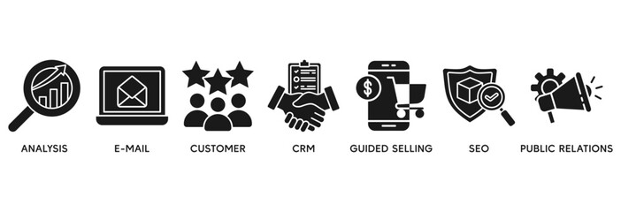 Inbound marketing icon set vector illustration concept relate to analysis, email, customer, crm, guided selling, seo and public relations