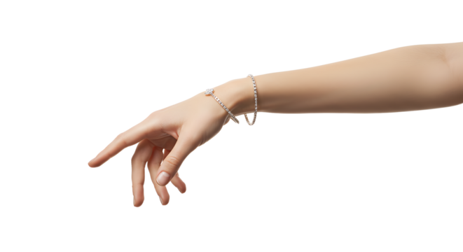 Woman's Arm Adorned with Stylish Bracelets Against a White Background