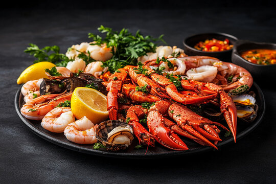 Delicious fresh seafood platter with lemon and herbs for sharing