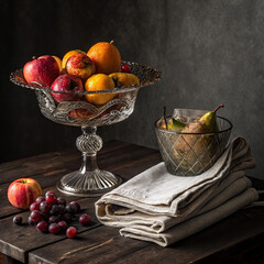 Still Life with Fresh Fruit in Vintage Glass Bowl and Pear in Wire Basket on Folded Linen

