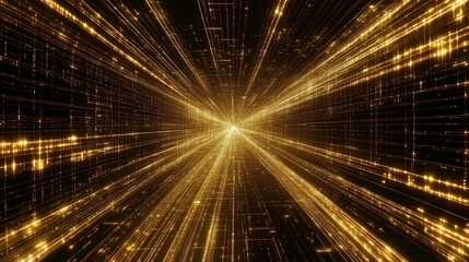 Golden data stream tunnel, digital background, futuristic technology