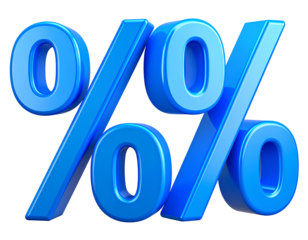 Floating Blue Percent Signs with Light Effects, Futuristic 3D Icons, Transparent Background