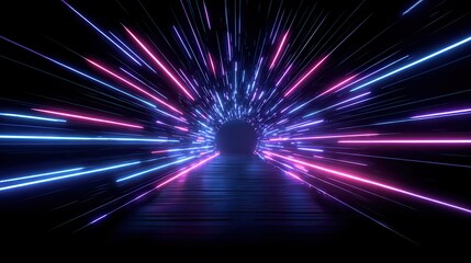 Abstract neon tunnel background with glowing lines, a futuristic technology concept. Vector illustration of a dark room illuminated by blue and purple light tubes. Glowing backdrop.
