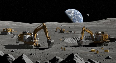 Lunar Surface Excavation Scene with Construction Equipment and Earth View From Moon